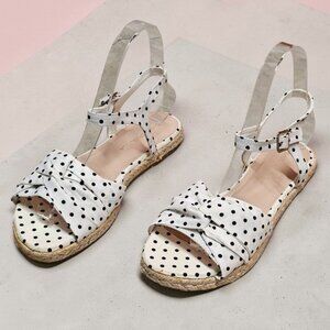 White Polka Dot Espadrille Sandals With Bow & Adjustable Ankle Strap For Women